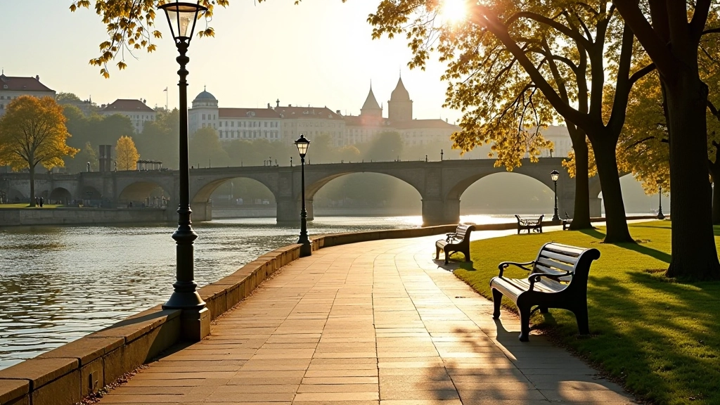Řeka Vltava s klasickou architekturou Prahy na pozadí, levé břeho s vyspělou stezkou